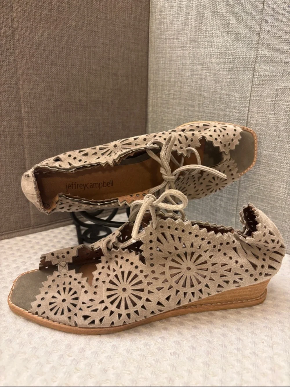 Jeffrey Campbell Espejo 9 Taupe Tan Suede Leather Laser-Cut Lace-Up Wedge Sandal